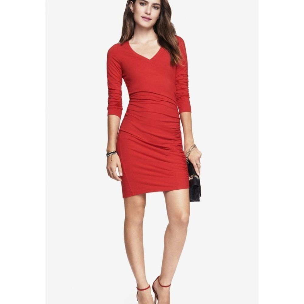 Express Side Ruched Stretch Cotton Dress Dark Red